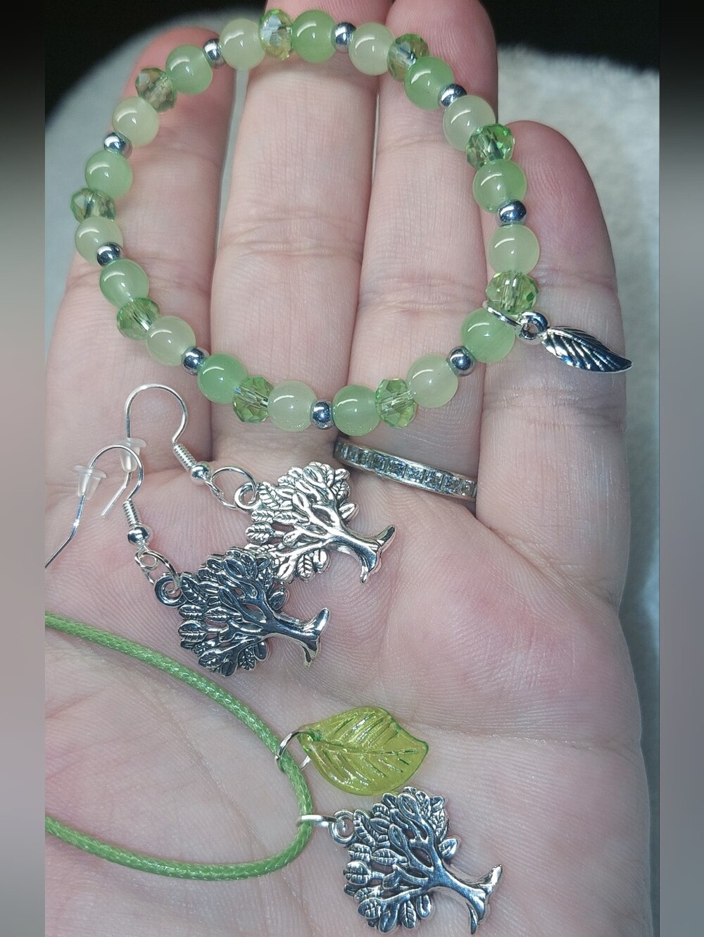 Green Tree of Life Bracelet and Earring Set Leather Cord Glass Beads